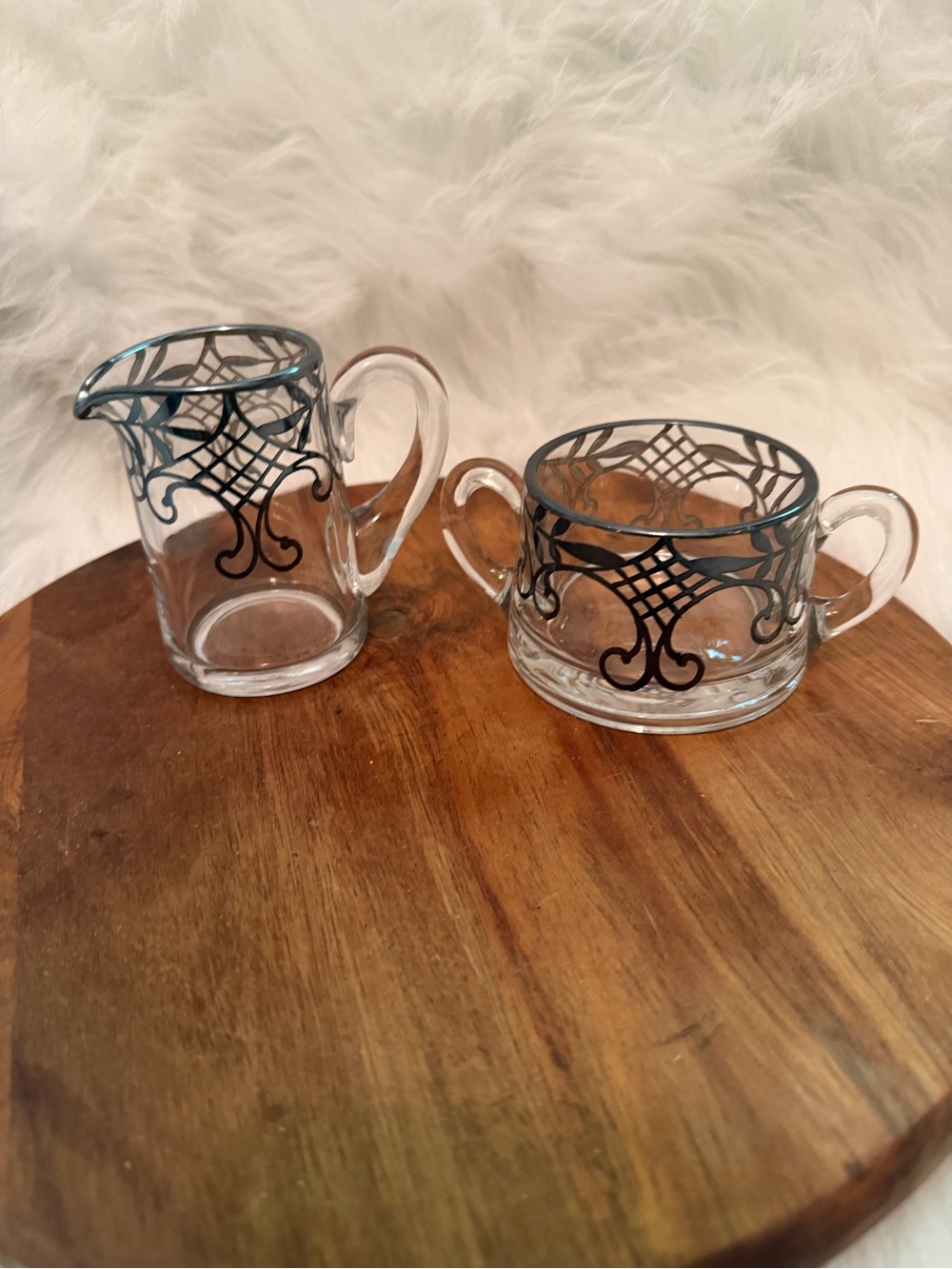 Heisey Antique Clear Glass Creamer and Sugar Set with Black Lattice Pattern